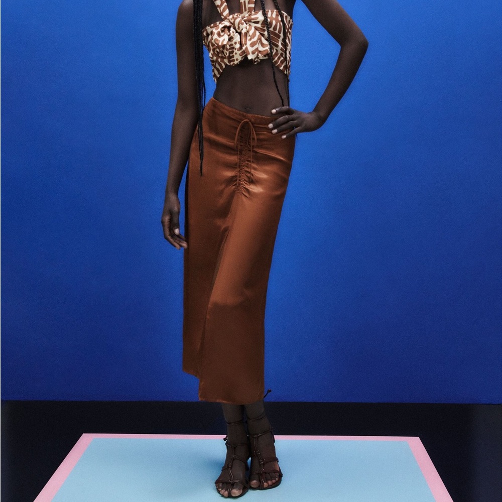Satin Effect Ruched Midi Skirt